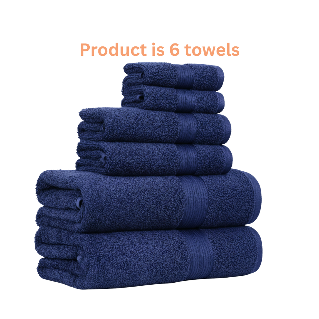6‑Piece Cotton Towel Set — plush, fade‑resistant 100% cotton in deep navy. 600GSM. Includes 2 bath towels, 2 hand towels and 2 washcloths