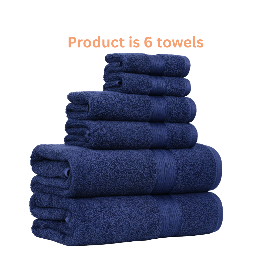 6‑Piece Cotton Towel Set — plush, fade‑resistant 100% cotton in deep navy. 600GSM. Includes 2 bath towels, 2 hand towels and 2 washcloths