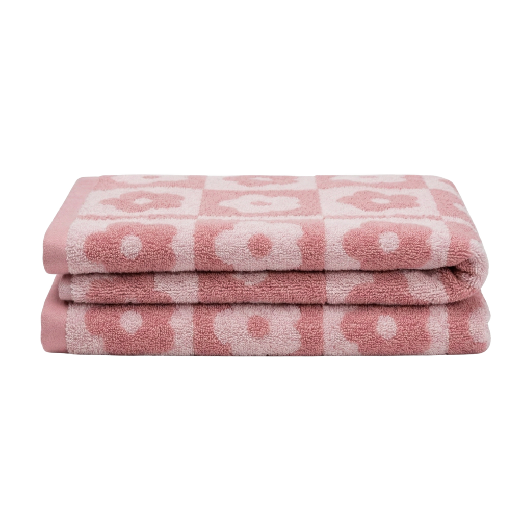 Checkered Floral Pink Bath Towels — 2‑Pack (27.5" x 55")