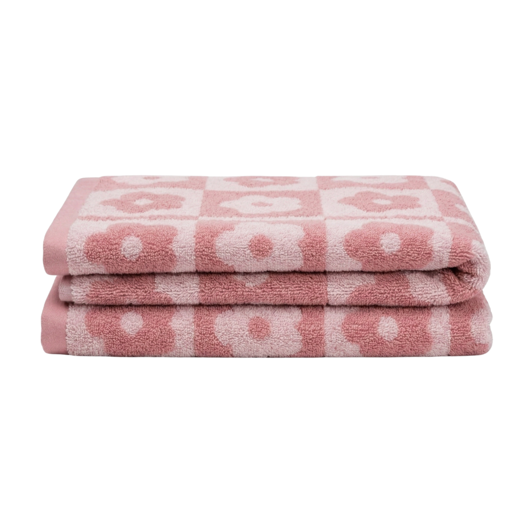 Checkered Floral Pink Bath Towels — 2‑Pack (27.5" x 55")